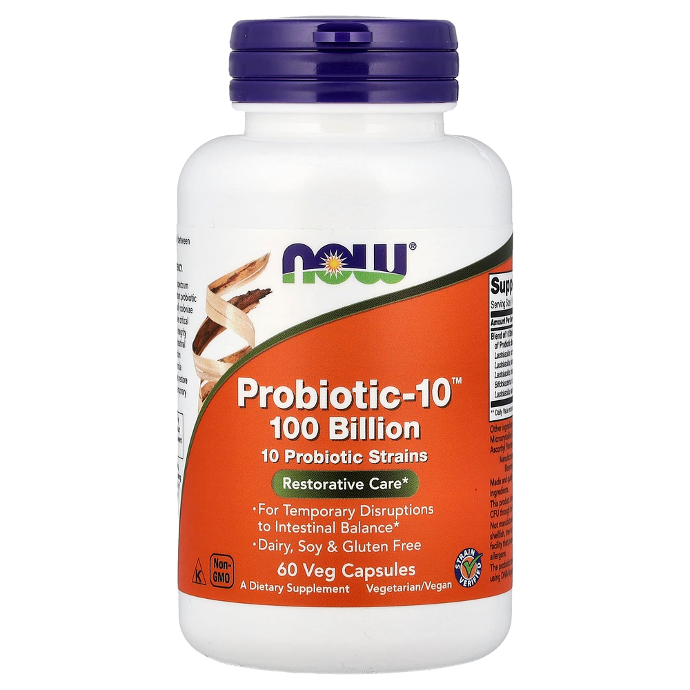NOW Foods, Probiotic-10™, комплекс пробиотиков, 100 млрд КОЕ, 60 растительных капсул