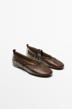 Massimo Dutti Балетки из кожи с присборенной отделкой, коричневый