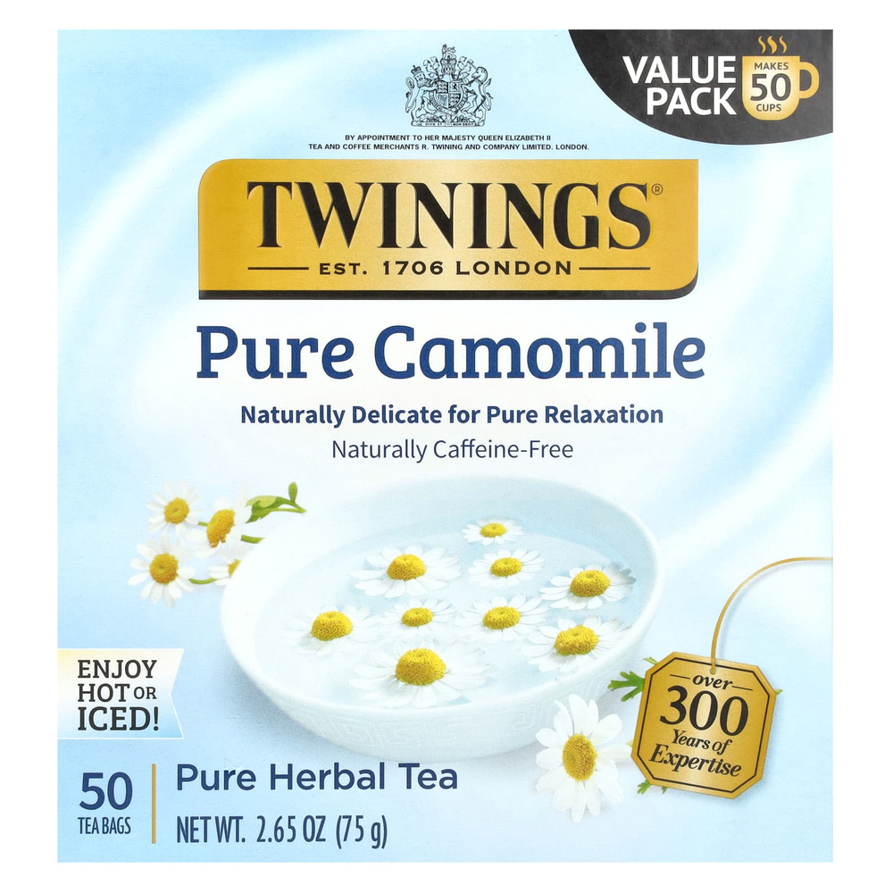 Twinings, травяной чай, чистая ромашка, без кофеина, 50 чайных пакетиков, 75 г (2,65 унции)