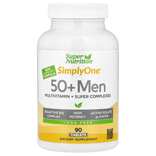 Super Nutrition, Simply One, мультивитамины и суперкомплексы для мужчин старше 50 лет, с зеленью, специями и антиоксидантами, без железа, 90 таблеток