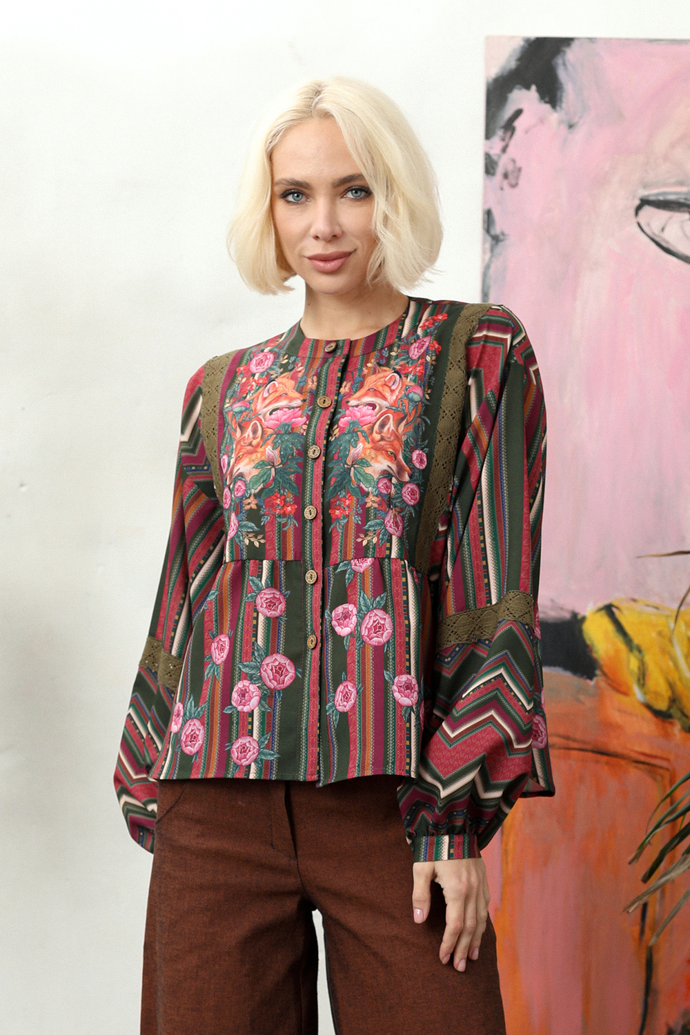 Blouse "Blackberry. Foxes in peonies"