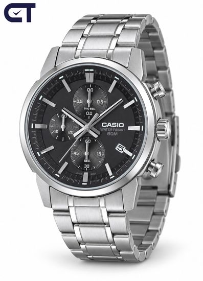 CASIO MTP-E510D-1A1 CASIO Collection мужские наручные часы — чёрный циферблат, хронограф 1/10 секунды и стальной браслет