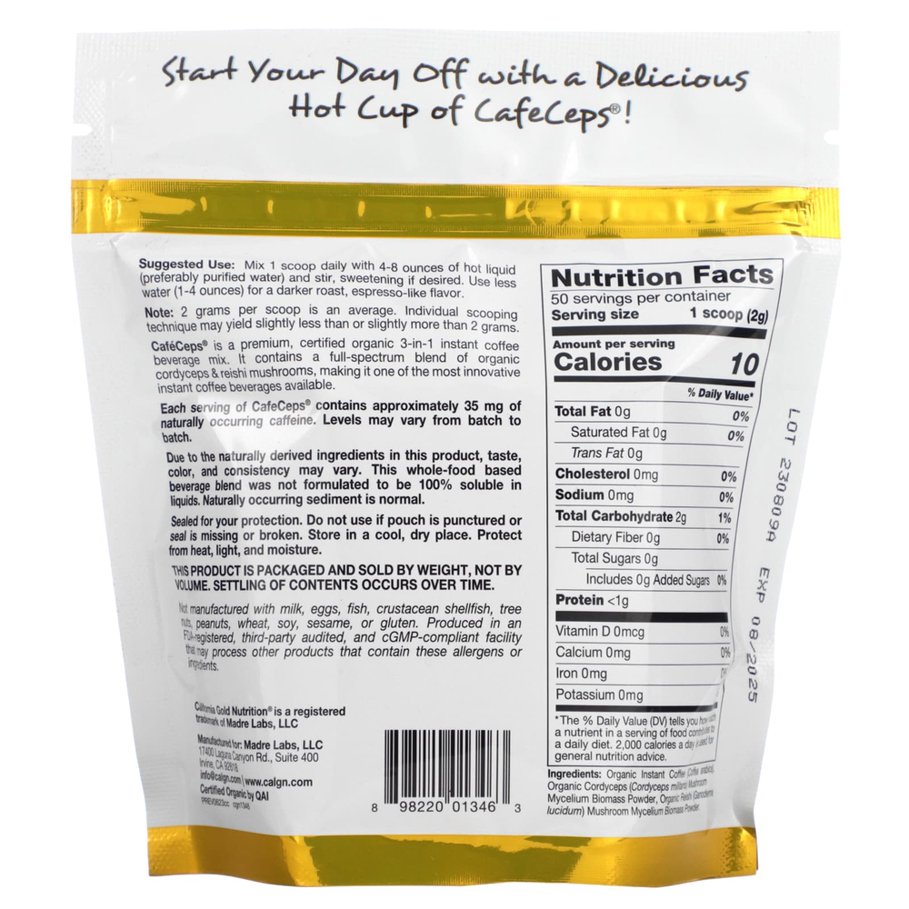 California Gold Nutrition, CafeCeps, сертифицированный органический растворимый кофе с порошком из органических грибов кордицепса и рейши полного спектра, 100 г (3,5 унции)