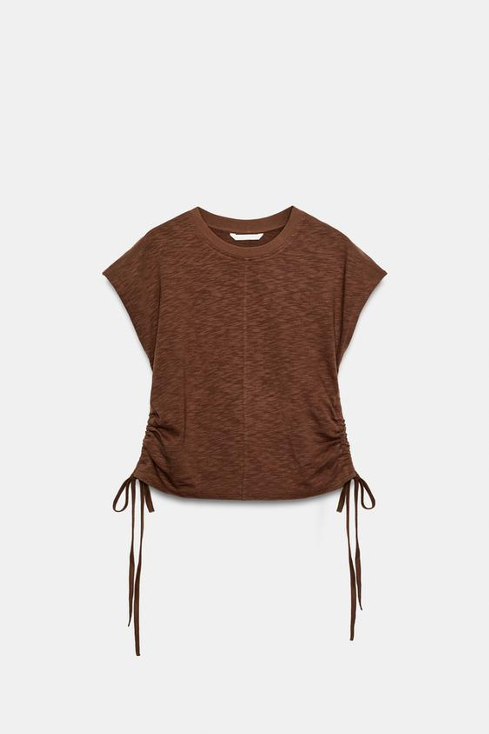 ZARA ФУТБОЛКА В РУСТИКАЛЬНОМ СТИЛЕ СО СБОРКАМИ, КОРИЧНЕВЫЙ