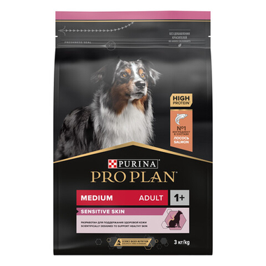 Pro Plan Medium Adult Sensitive Skin для взрослых собак средних пород с чувствительной кожей, с высоким содержанием лосося 3 кг