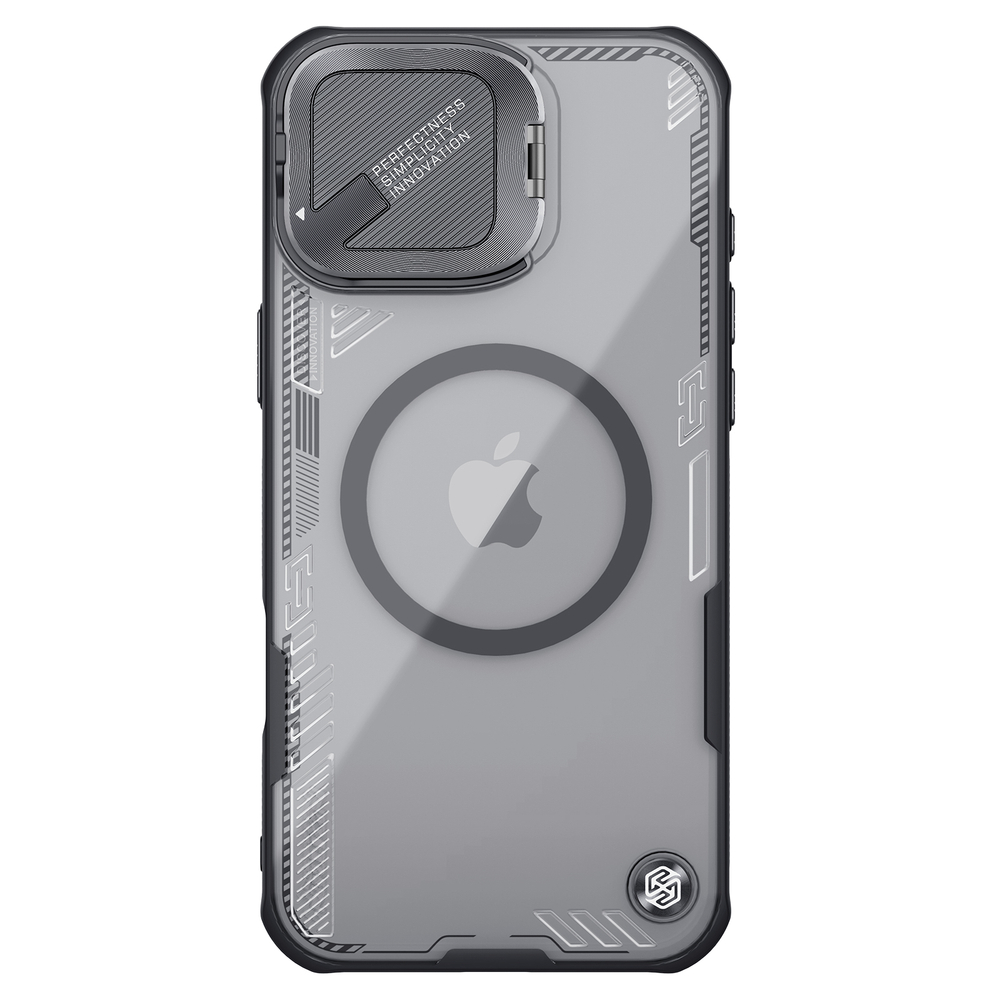 Чехол тонированный (Transparent Black) от Nillkin с металлической откидной крышкой и поддержкой магнитной беспроводной зарядки MagSafe на iPhone 16, серия Iceblade Prop Magnetic Case