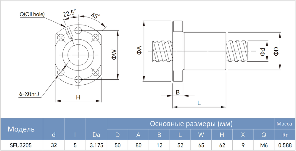 Гайка ШВП SFU3205 - чертеж с размерами