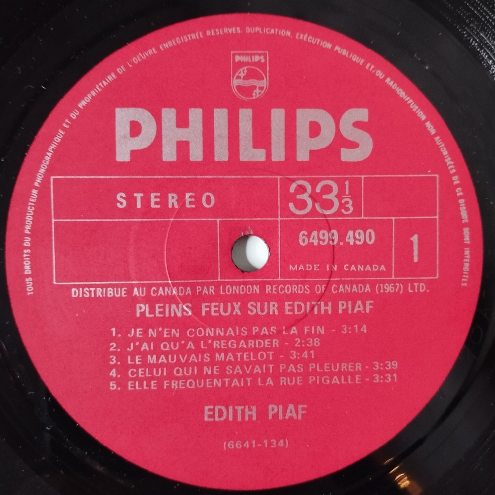 Винтажная виниловая пластинка LP Pleins Feux Sur Edith Piaf Эдит Пиаф (Canada 1975)
