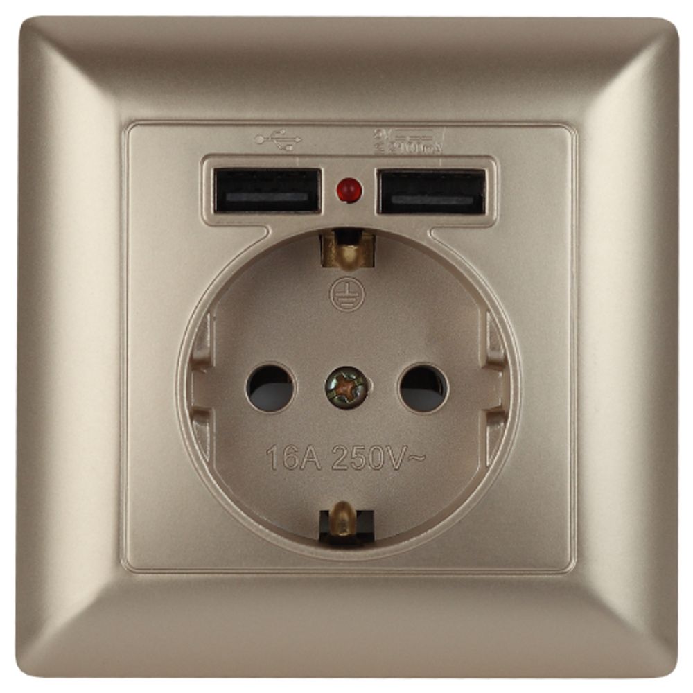 Розетка Intro Solo 4-410-04 2P+E Schuko со шторками 16А-250В + 2хUSB СУ шампань | Intro