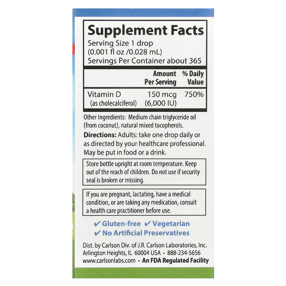 Carlson, Super Daily® D3, 150 мкг (6000 МЕ), 10,3 мл (0,35 жидк. Унции)