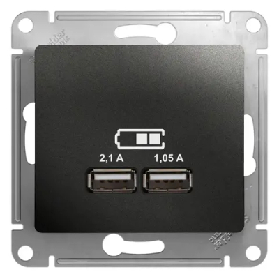 GLOSSA USB РОЗЕТКА А+А, 5В/2,1А, 2х5В/1,05А, механизм, АНТРАЦИТ