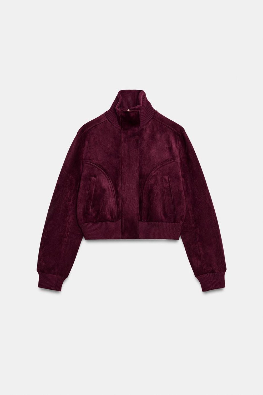 ZARA КУРТКА ИЗ ИСКУССТВЕННОЙ ЗАМШИ С ВОРОТНИКОМ-СТОЙКОЙ, БАКЛАЖАННЫЙ