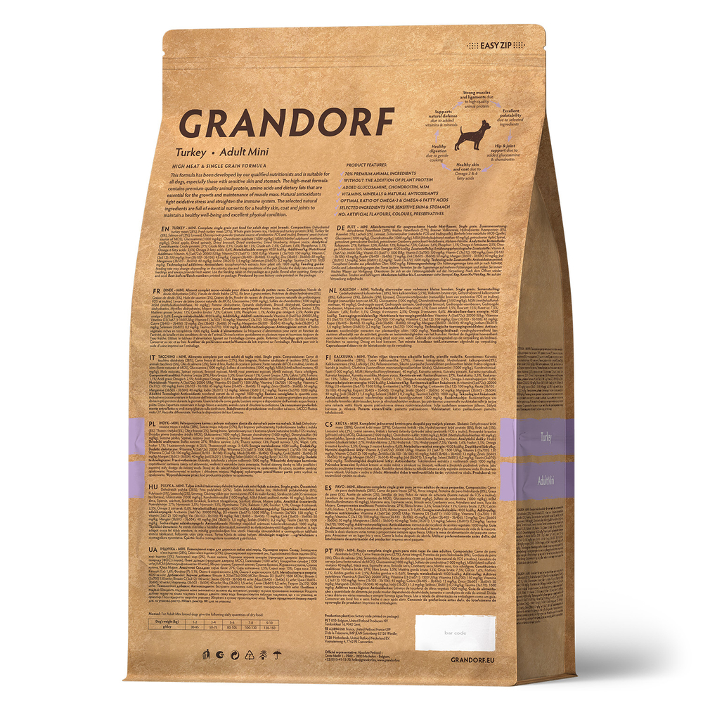 GRANDORF Сухой корм для взрослых собак мини пород с индейкой и рисом 1 кг