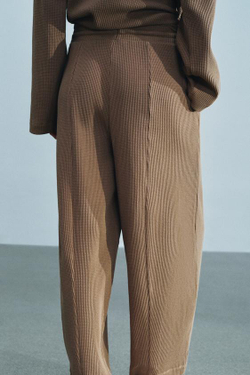 ZARA ШИРОКИЕ БРЮКИ ИЗ РИФЛЕНОГО ТРИКОТАЖА, СЕРО-КОРИЧНЕВЫЙ