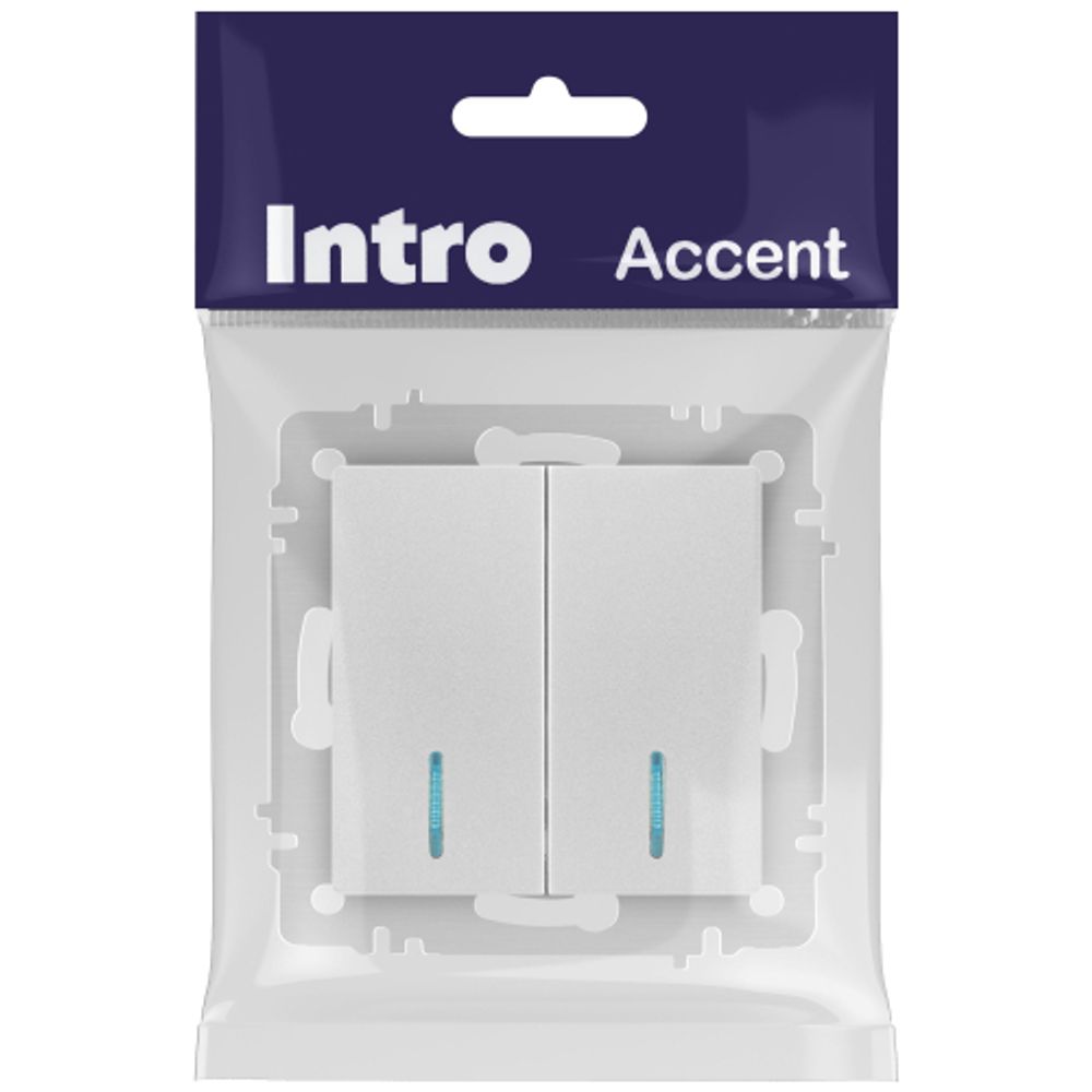 Выключатель Intro Accent 6-105-03 двойной с подсветкой, 10А-250В, IP20, СУ, AL/CU, алюминий | Intro