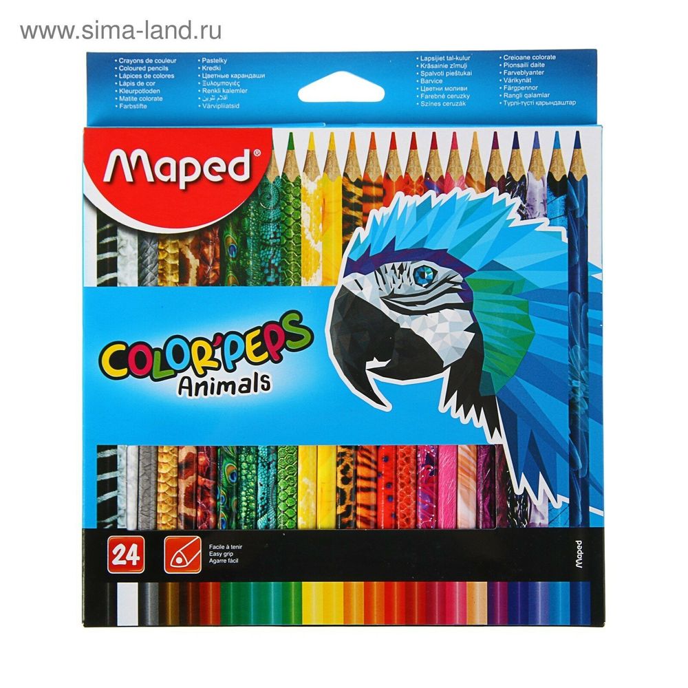 Карандаши цветные MAPED (Франция) "Color'Peps Animals'", 24 цвета, трехгранные, заточенные, европодвес, 832224