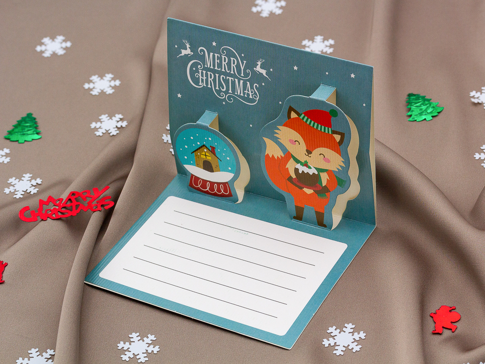 Открытка объемная "Merry Christmas" (Счастливого рождества) с красным конвертом (8х10см)