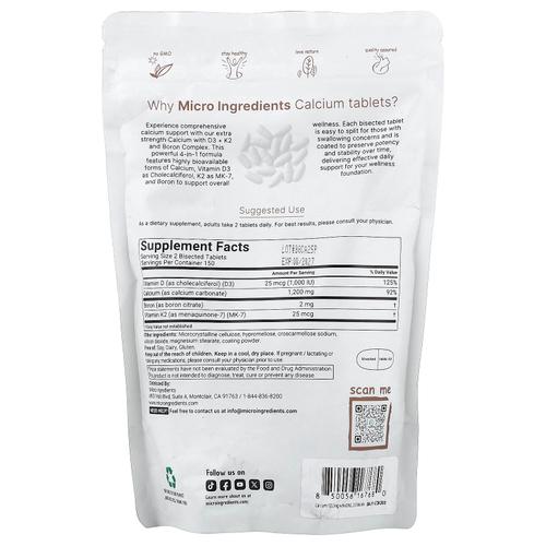 Micro Ingredients, кальций с витаминами D3, K2 и бором, 300 таблеток, разделенных на части