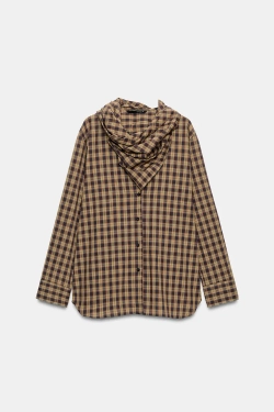 ZARA РУБАШКА ОВЕРСАЙЗ В КЛЕТКУ С КОСЫНКОЙ, КОРИЧНЕВЫЙ/ЗЕЛЕНЫЙ