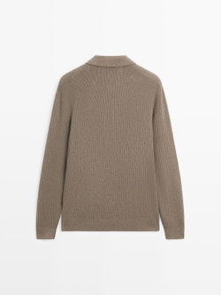 Massimo Dutti Трикотажный свитер из смесового хлопка с воротником-поло, хаки