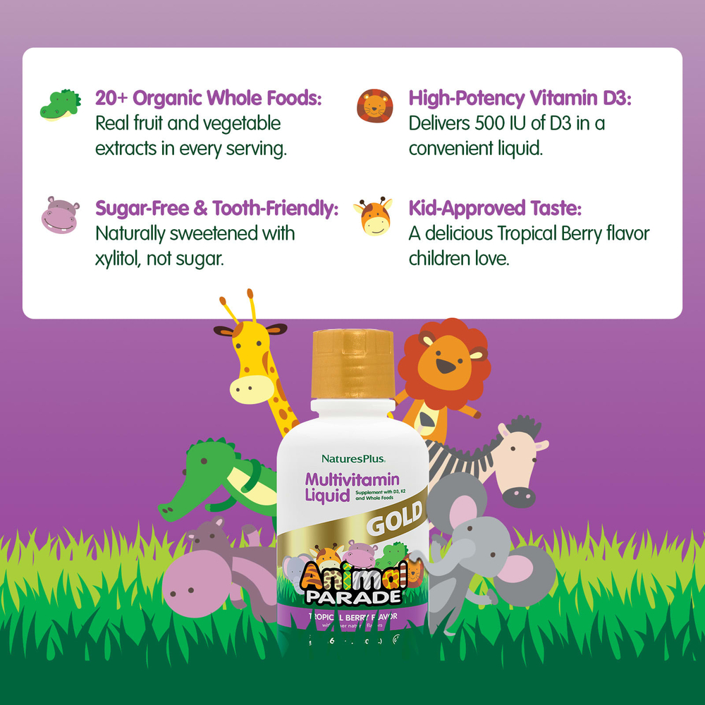 NaturesPlus, Animal Parade® Gold, жидкая мультивитаминная добавка, со вкусом тропических ягод, 480 мл (16 жидк. унций)