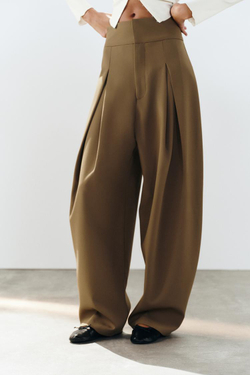 ZARA БРЮКИ BALLOON С ЗАЩИПАМИ, ХАКИ МЕЛАНЖ