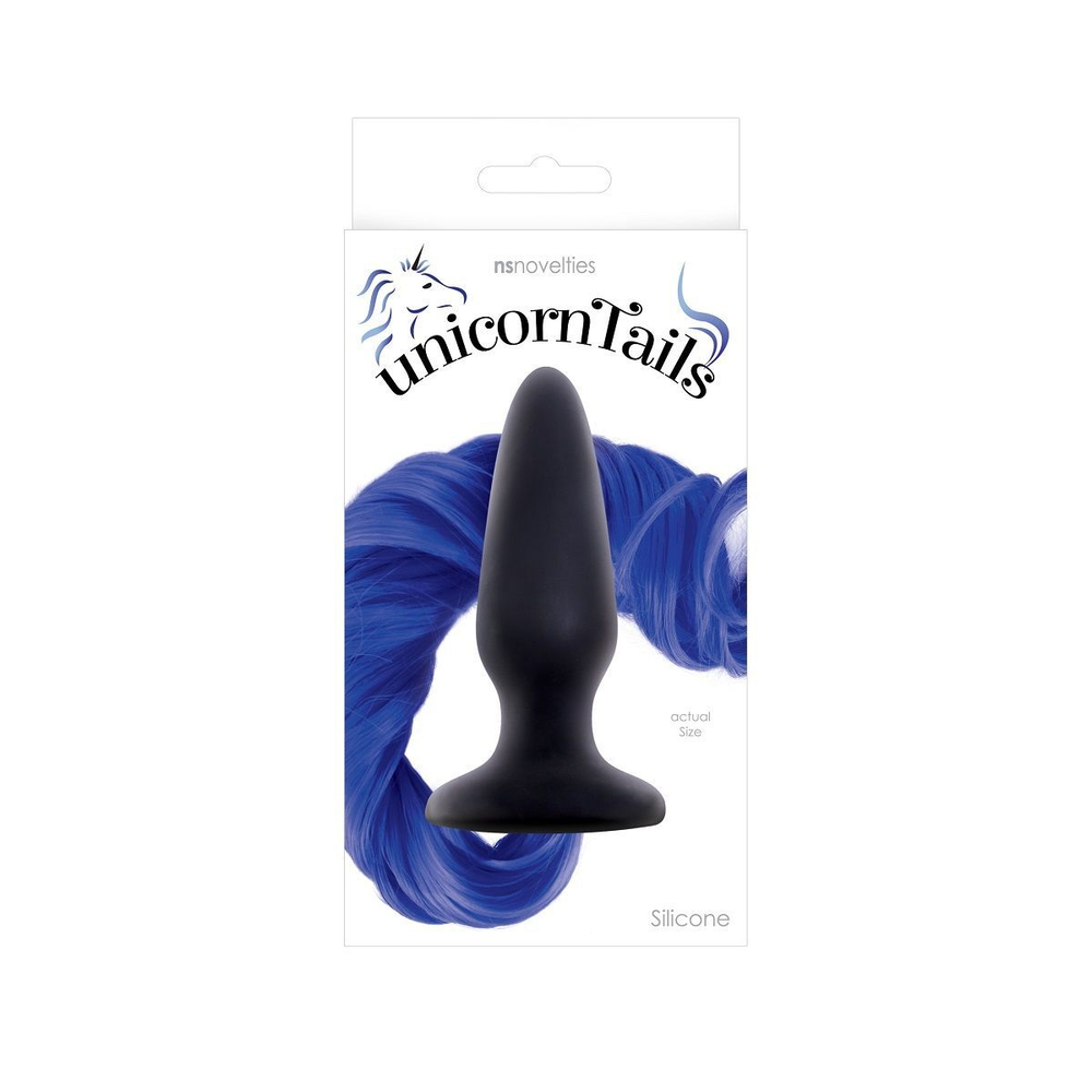 Чёрная анальная пробка с синим хвостом Unicorn Tails Blue (Цвет: синий с черным)