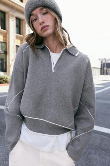 ZARA СВИТЕР ПОЛО С КОНТРАСТНОЙ ОКАНТОВКОЙ, МЯГКИЙ СЕРЫЙ
