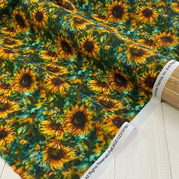 ПОДСОЛНУХИ НА ЗЕЛЕНОМ, отрез45 см, 100% хлопок Handmade Fabrics 3