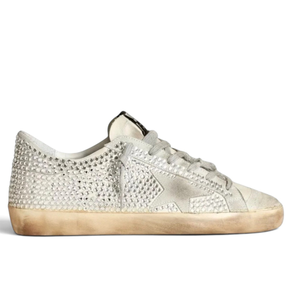 Women's Golden Goose Superstar in Aged White Nubuk with Swarovski Crystals