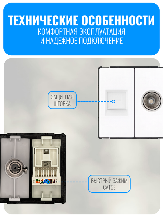 Розетка комбинированная ТВ + интернет RJ45 Smart Aura серия Classic без рамки