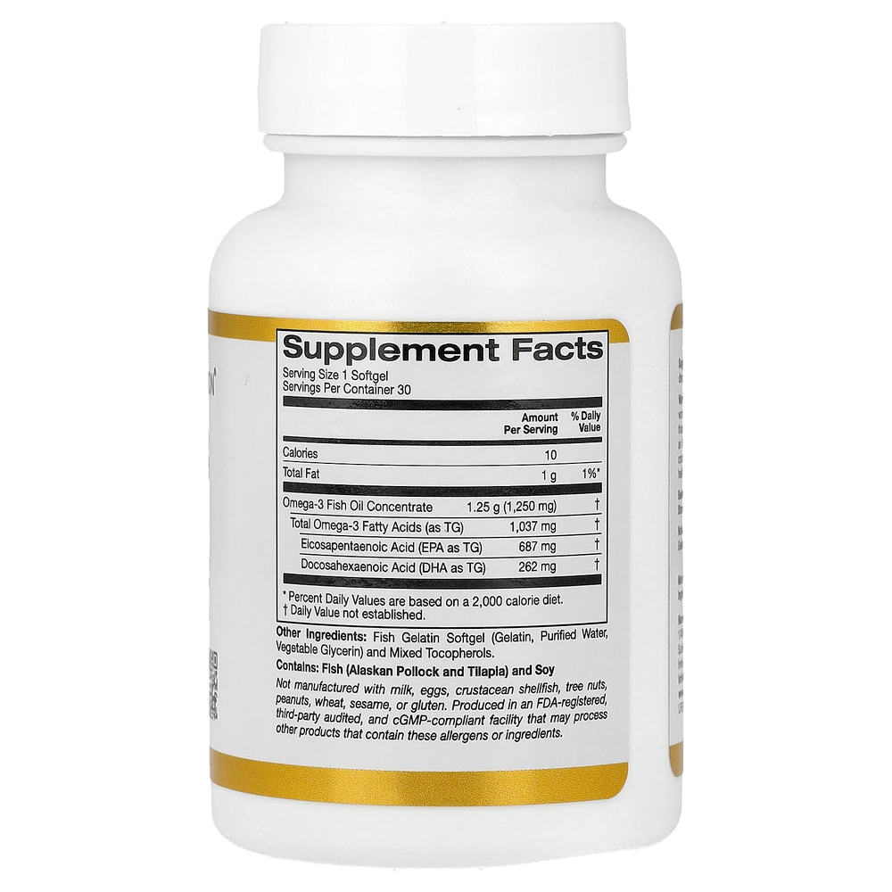 California Gold Nutrition, рыбий жир с омега-3, 30 капсул из рыбьего желатина (1250 мг в 1 капсуле)