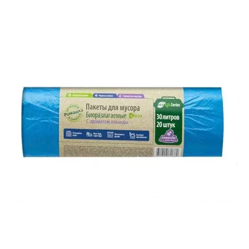 Мусорные мешки биоразлагаемые ПНД 30л (50*57,5*6мкн)Ромашка (20рул/уп) синий