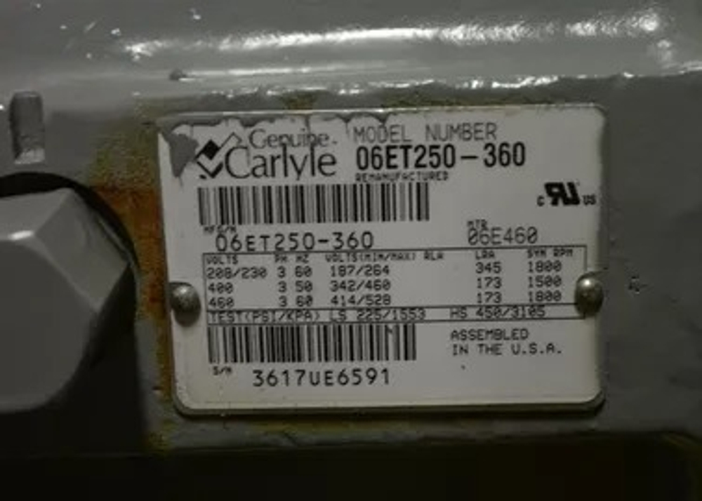 Полугерметичный поршневой компрессор Carlyle 06EA250 с мощностью 20 л.с.