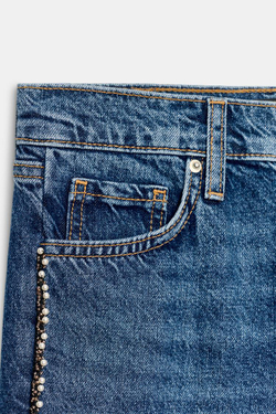 ZARA ДЖИНСЫ Z1975 SLIM STRAIGHT СО СРЕДНЕЙ ПОСАДКОЙ И ЖЕМЧУГОМ, СИНИЙ