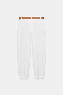 ZARA ЛЬНЯНЫЕ БРЮКИ С РЕМНЕМ, БЕЛЫЙ