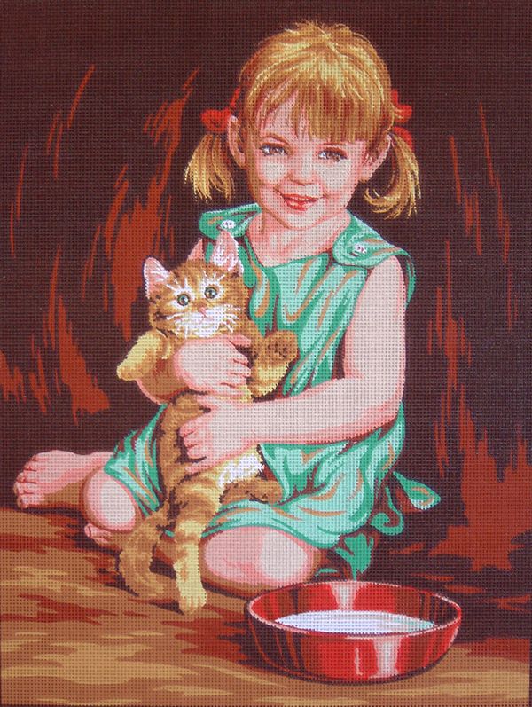 Рисунок для вышивания Soulos (канва жесткая), Девочка с котенком, 45х60 см