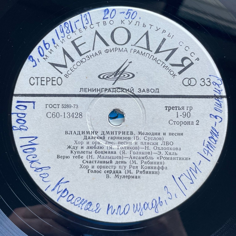 Винтажная виниловая пластинка LP Сборник Владимир Дмитриев Мелодии И Песни (СССР 1980) (Хиль, Пахоменко, Мулерман)