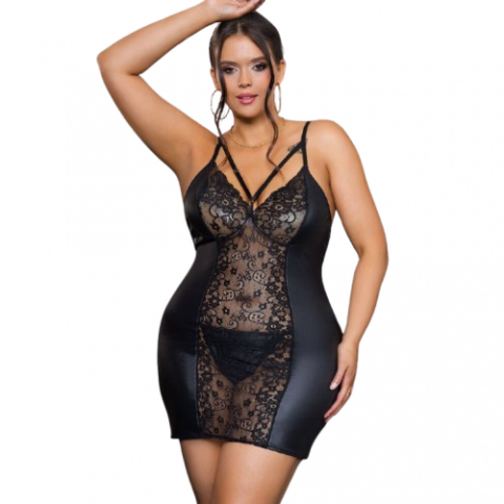 Кожаное платье с кружевом и стрепами Ohyeah Sexy Black +стринги, XL-2XL