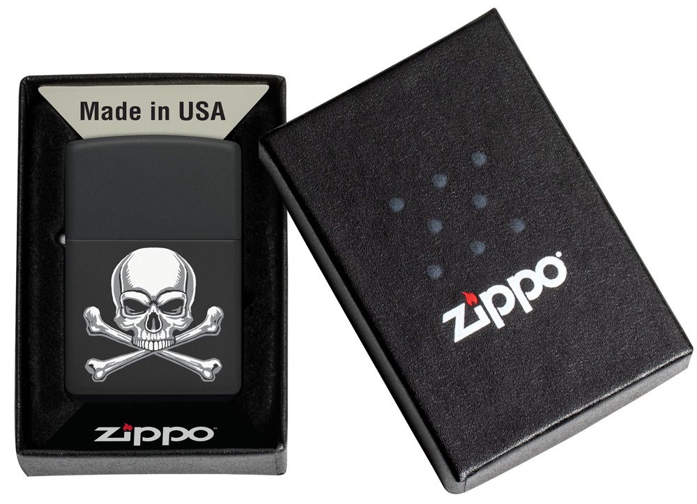 Зажигалка Zippo Scull Design с покрытием Black Matte, латунь/сталь, черная, 38x13x57 мм