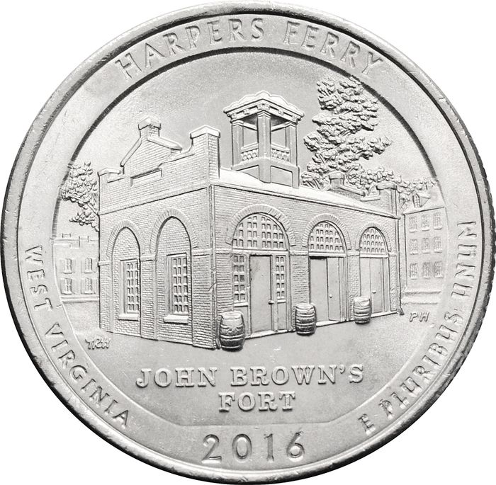 25 центов (1/4 доллара, квотер) 2016 США «Национальный исторический парк Харперс Ферри» (P) (33-й парк)