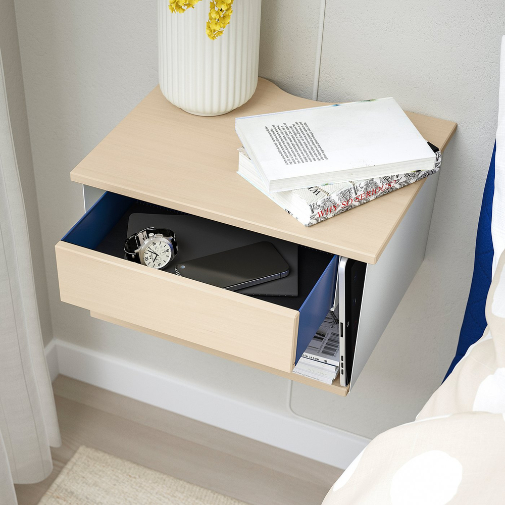 IKEA STOMSÖ  (ИКЕА СТОМСЁ)  -  Столик прикроватный настенный - имитация берёзы белый/синий 36x29x20 см