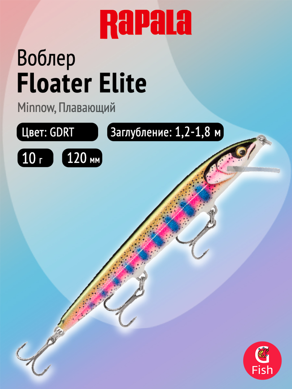 Воблер рыболовный Rapala Floater Elite 85, 8,5 см, 6,5 г, плавающий, до 0,9 м, GDPSD