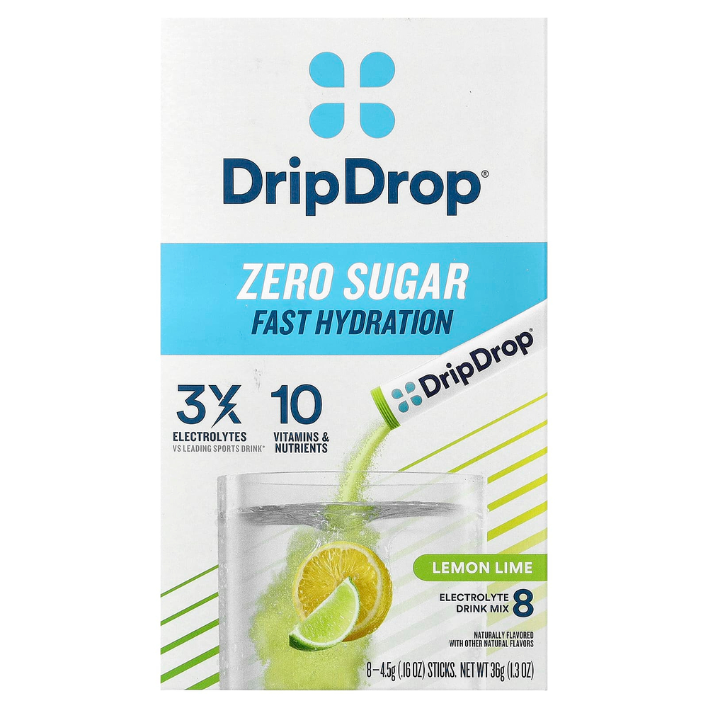 DripDrop, Electrolyte Drink Mix, Zero Sugar, Lemon Lime, 8 Sticks, 0.16 oz (4.5 g) Each
