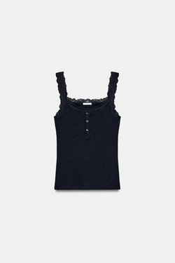 ZARA КРУЖЕВНОЙ ТОП В СТИЛЕ ХЕНЛИ, МОРСКОЙ СИНИЙ