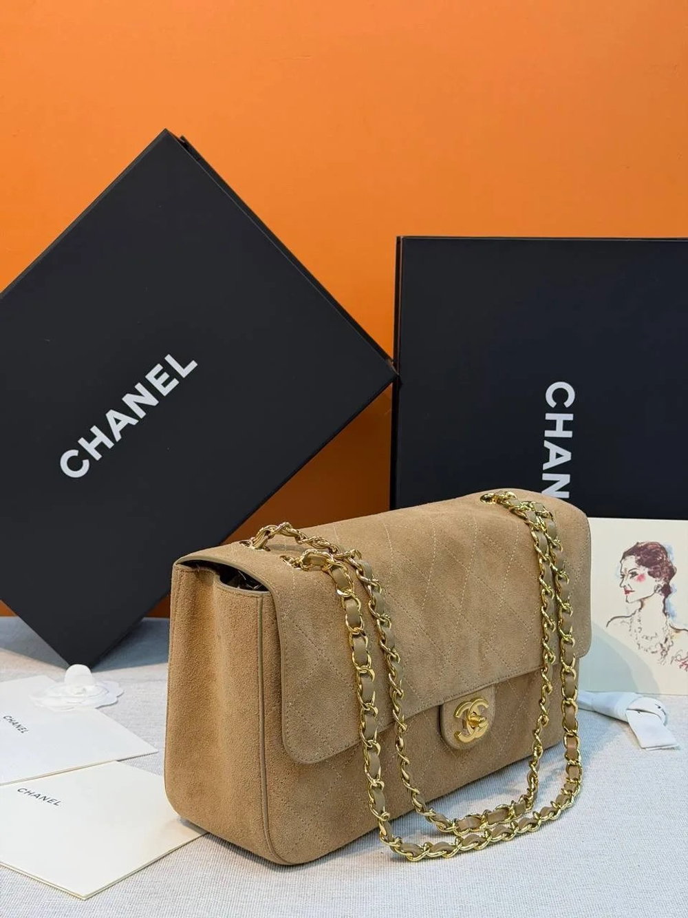 Сумка-конверт Chanel (Шанель) Large бежевая замшевая премиум класса