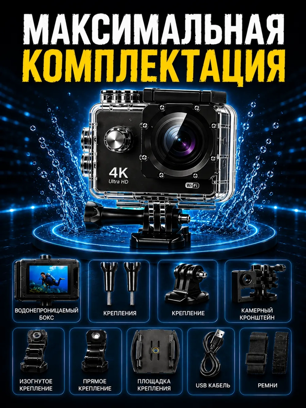 Экшн камера 4к с креплениями цифровая
