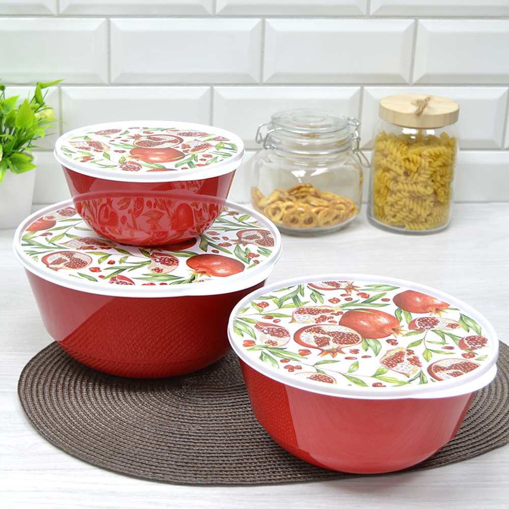 Комплект мисок 3шт (1л, 2л, 3л) "Bergamo" с крышками с декором (красный)