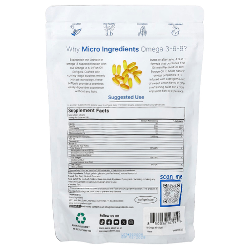 Micro Ingredients, омега-3, 6-9, со вкусом лимона, 300 капсул