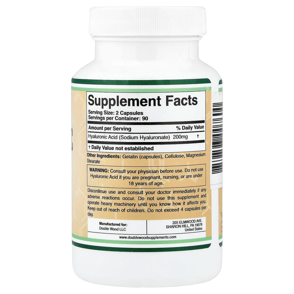 Double Wood Supplements, гиалуроновая кислота, 180 капсул (100 мг в 1 капсуле)